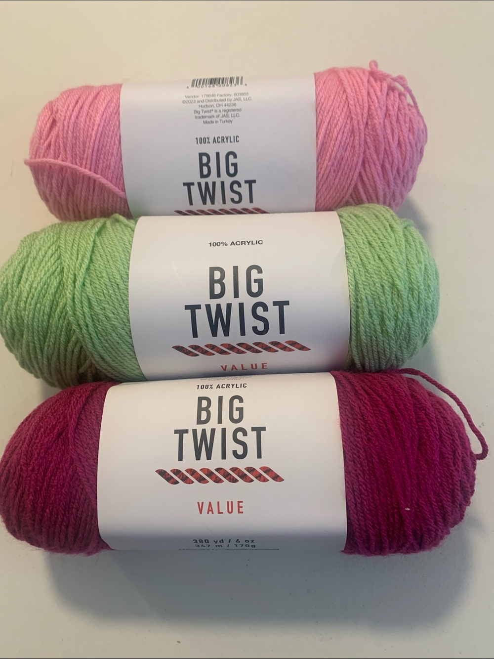 Big Twist Value Acrylic Yarn - Pink, Nile Green, Plum 6oz